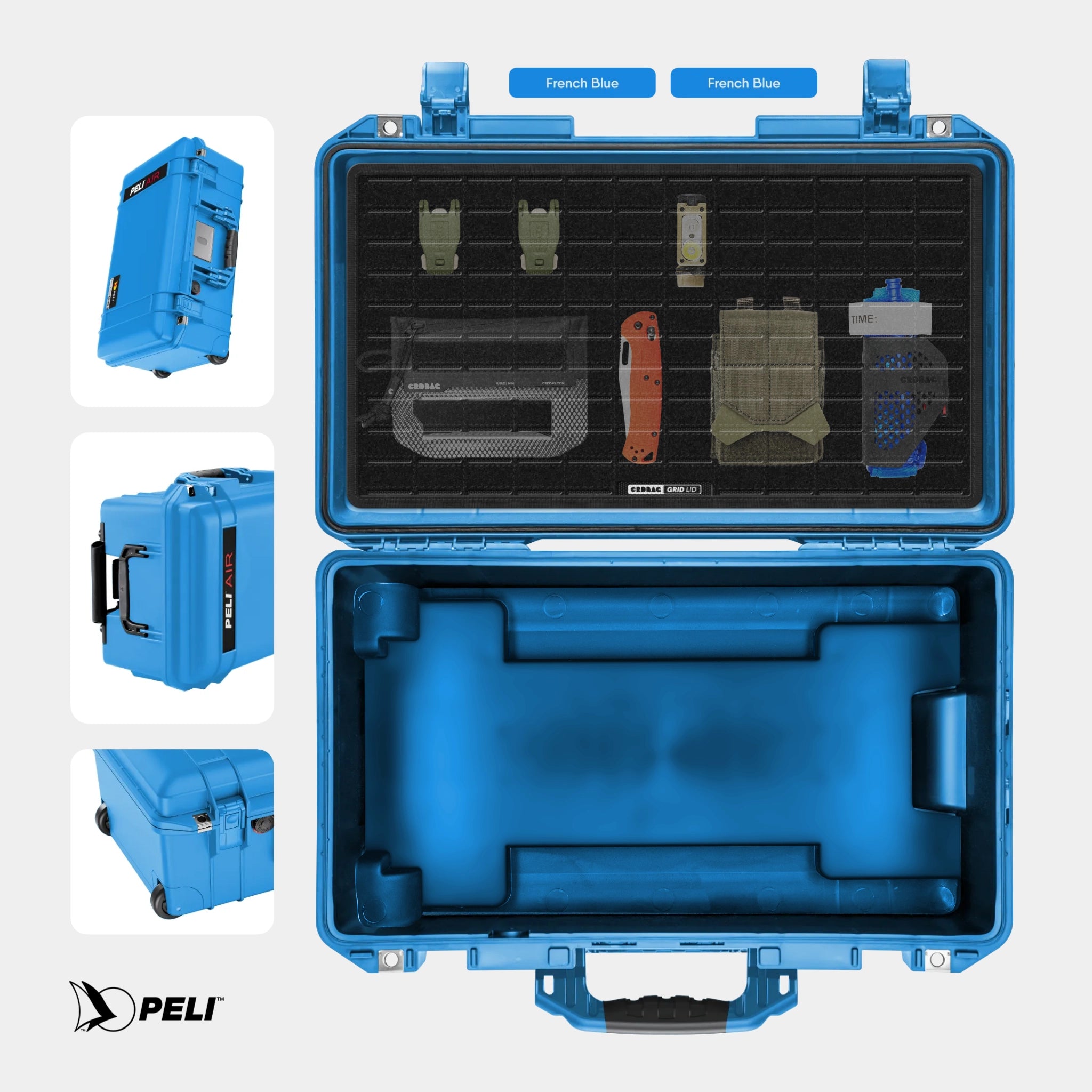 Peli 1535 Air case French Blue with CRDBAG MOLLE Panel GRID-LID organizer and GRID-DIVIDE divider system