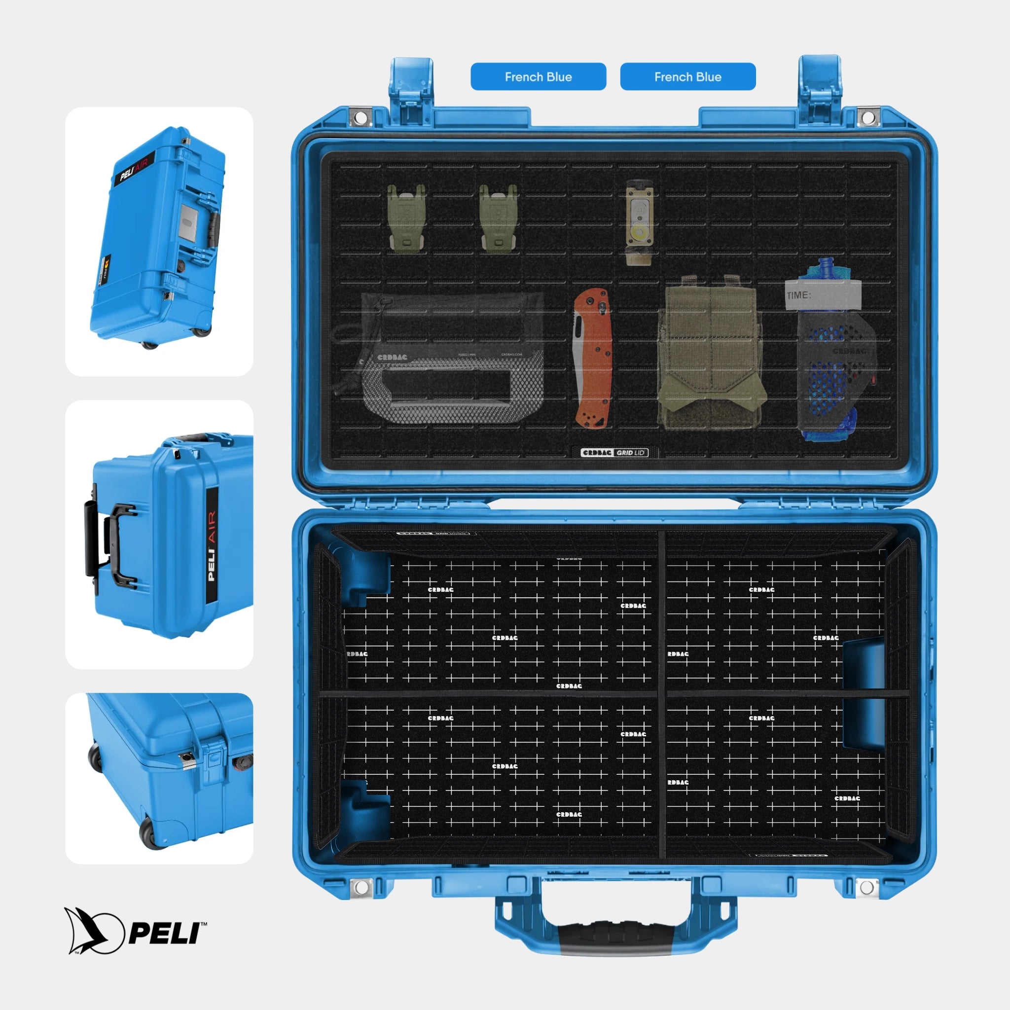 Peli 1535 Air case French Blue with CRDBAG MOLLE Panel GRID-LID organizer and GRID-DIVIDE divider system