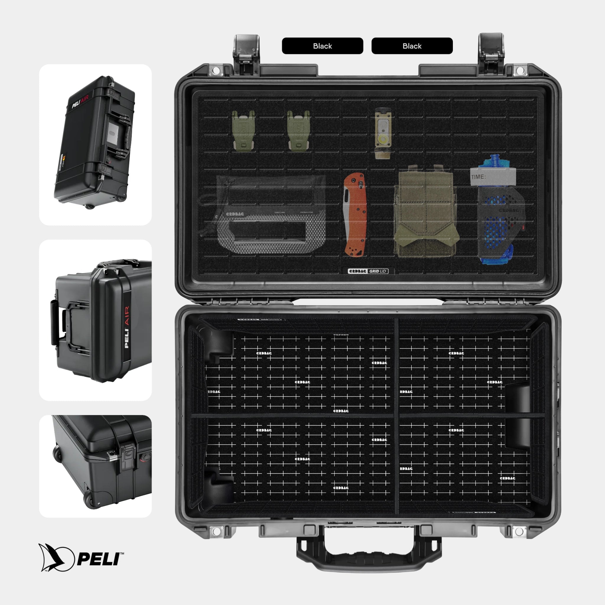 Peli 1535 Air case Black with CRDBAG MOLLE Panel GRID-LID organizer and GRID-DIVIDE divider system